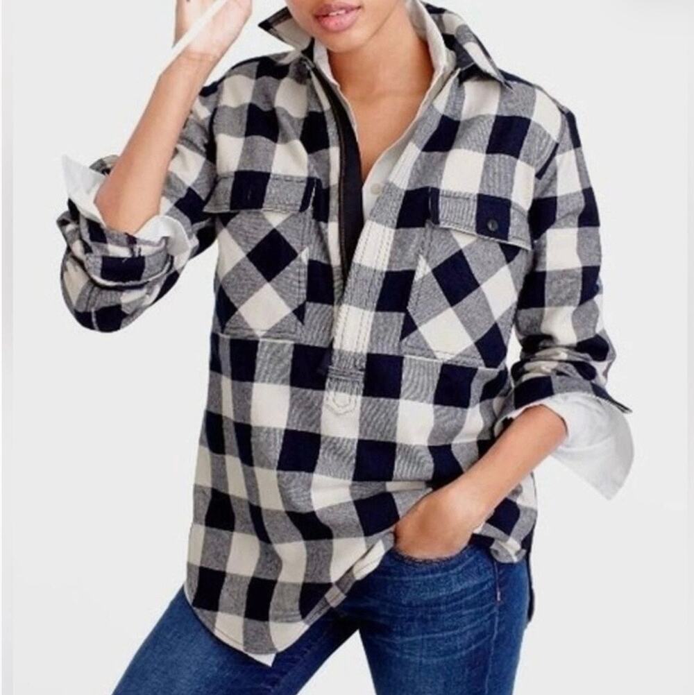 J.Crew Buffalo Plaid Flannel Half Zip Pullover Shirt Jacket Black White Size XL